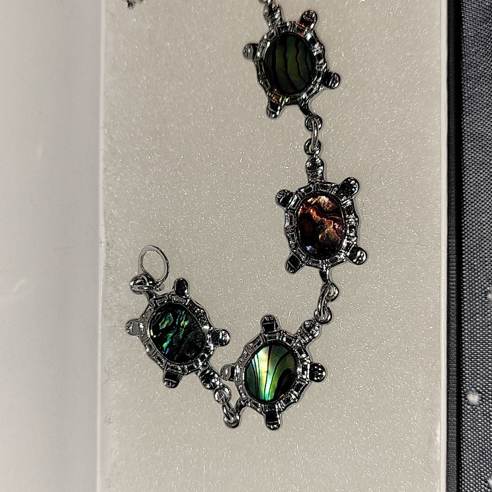 Turtle Link Rainbow Abalone Shell 6.5" Silvertone Clasp Bracelet, Vintage - Picture 2 of 4